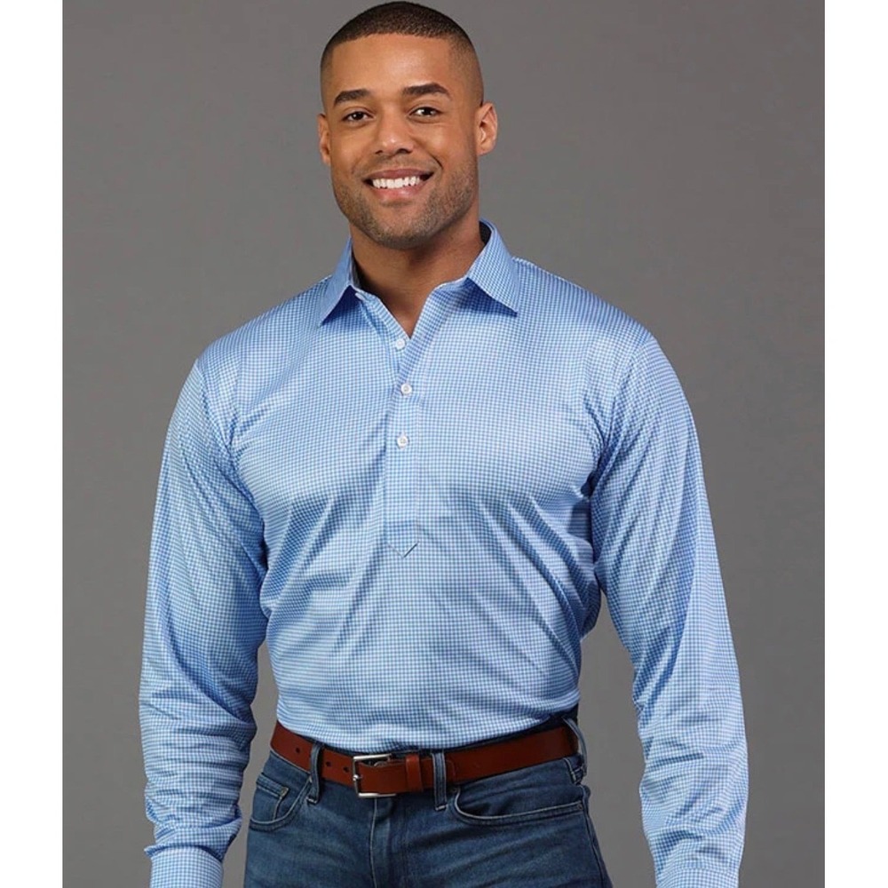 Collars & Co Mens Size XL Dress Collar Polo Blue Micro Gingham Long Sleeve NEW